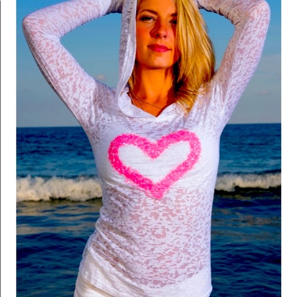 Binka Girl Heart Hoodie Sheer Soft Burnout White - Picture 1 of 5